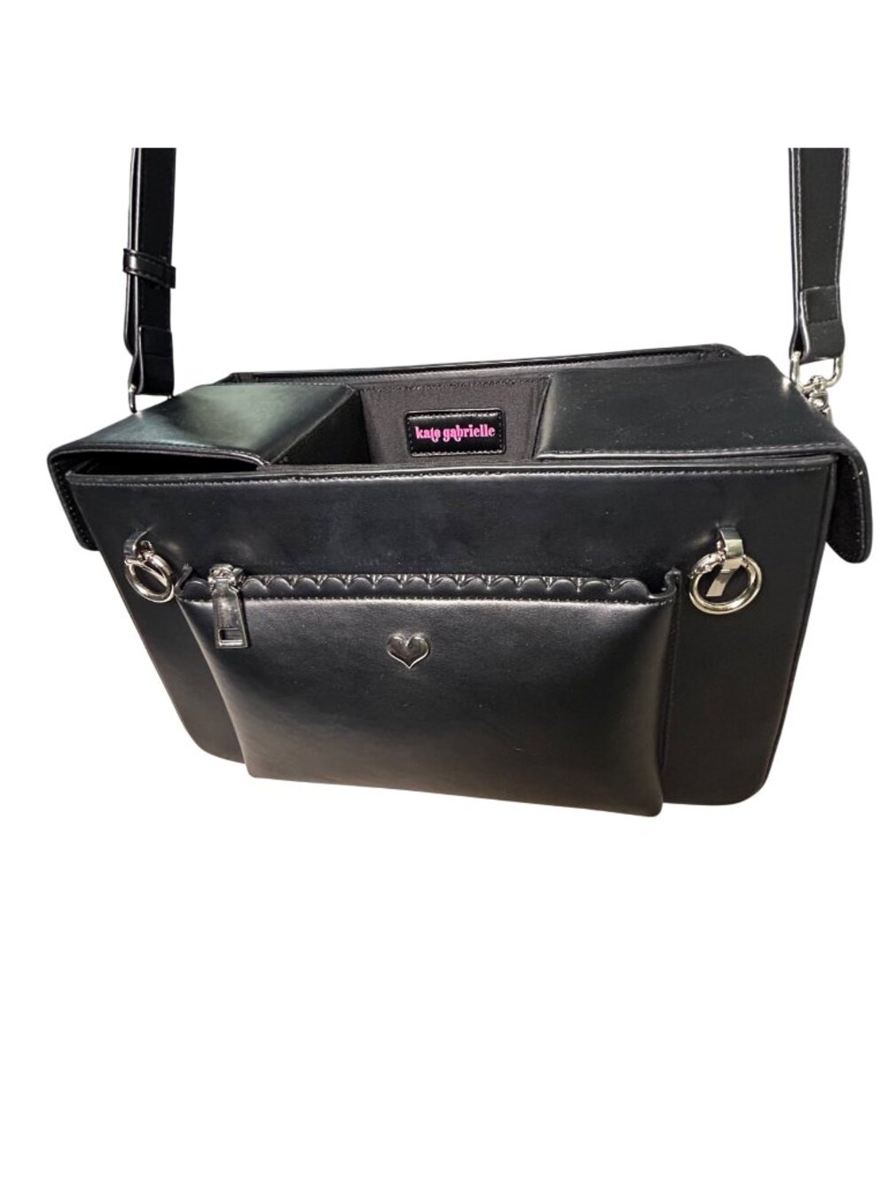 Kate Gabrielle Black Double Cup Holder Vegan Leather Crossbody Satchel Bag
